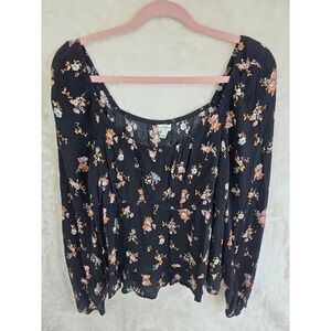 Love Fire Black Floral Long Sleeve Square Neck Empire‎ Waist Blouse BFTW9571